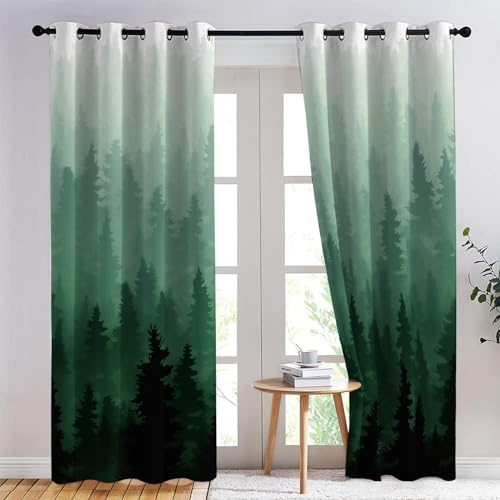 SZLYZM Wald Vorhänge, Verdunklungsvorhänge mit Muster Grüner Baum, Vorhang Blickdicht mit Ösen, Gardinen für Wohnzimmer Schlafzimmer Kinderzimmer Deko 2er Set - 137x117 (H X B) (Qt-&186)