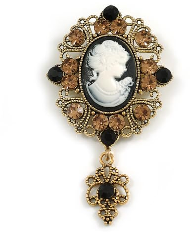 Spilla vintage con cammeo in cristallo acrilico nero/bianco, in tonalità oro invecchiato, 70 mm di lunghezza, Misura unica, Plastica, Diamante
