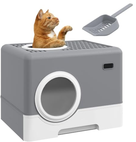 PawHut Katzentoilette mit Deckel Katzenklo mit Haube und Schaufel ausziehbare Schublade 2 Ausgänge Katzentoilette für Katzen bis 4 kg 52 x 41 x 38,5 cm Grau