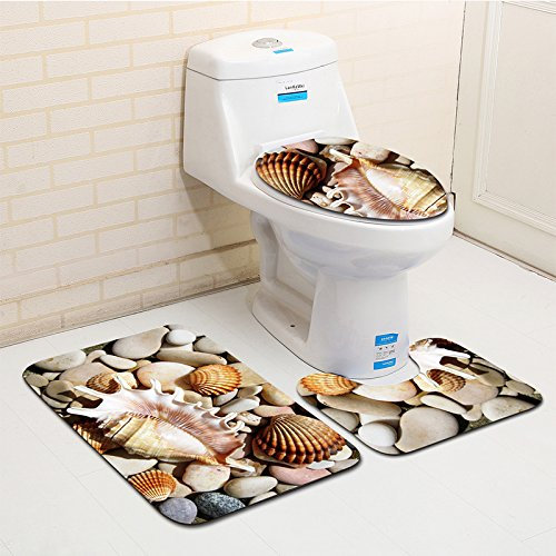 Bad Teppiche Set 3-Teiliges Beige Orange Muscheln WC Vorleger Mit Ausschnitt Badematte Saugfähig WC Deckelbezug Badvorleger rutschfest Waschbar Toilettensitzbezug Badgarnitur (50x80cm)