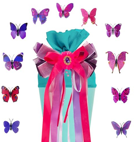 NAMIS Schultütenschleife Violett Rot mit Schmetterling Deko Zuckertüten Schleife Mädchen Geschenk Schleife mit Geschenkband Schleife Schultüte Junge Einschulung Schulanfang Deko
