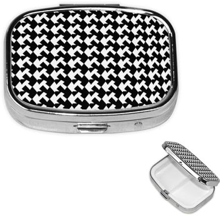 Pillendose mit Hahnentrittmuster, tragbar, klein, 2 Fächer, Metall, Pillendose, Vitaminhalter, Organizer, niedliche Reise-Pillendose für Geldbörse, Schwarz