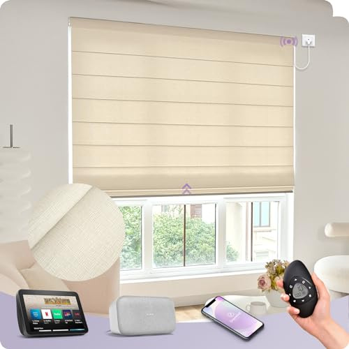 Graywind Customized Smart Roman Blinds 60% Blackout, Hardwired Motorized Window Blinds Compatible with Alexa Google, Remote Control Electric Roman Shades Plain Fold, Matelasse Offwhite