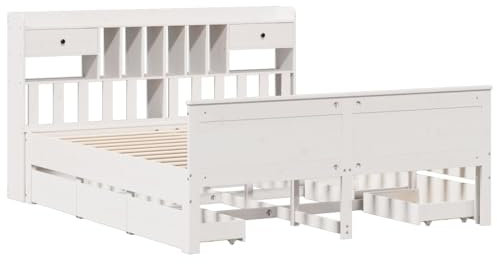 vidaXL Massivholzbett, Holzbett mit Kopfteil Schubladen Lattenrost, Doppelbett für Schlafzimmer, Bett Bettgestell, Weiß 180x200cm Massivholz Kiefer