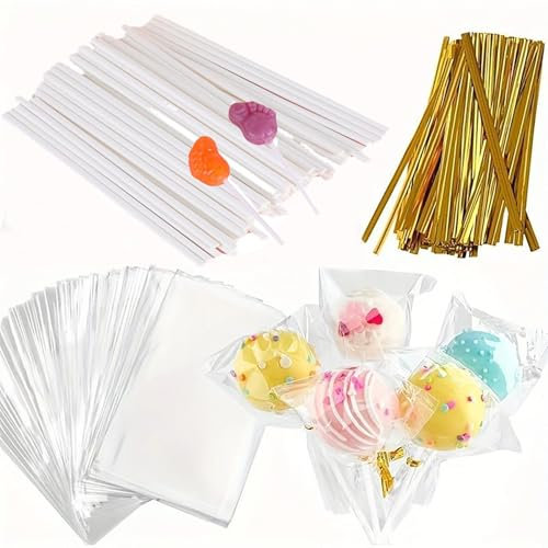 300 Pcs Cake Pop Sticks and Wrappers Kit, Including 100Pcs 6 inch Paper Lollipop Sticks, 100Pcs Clear Candy Treat Bags Parcel, 100Pcs Gold Twist Ties for Cakepop, Lollipop, Hard Candy, Suckers