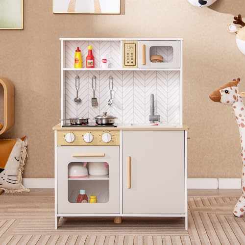 GOPLUS Cuisine Enfant avec Effect Sonore et Lumière, Jouet de Cuisine en Bois Enfant avec Cuisinière, Four, Evier, Robinet, Micro-Ondes, Ustensiles de Cuisine, Idéal pour 3+ Ans (Blanc)