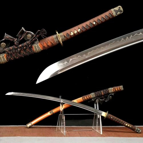 KWXPW 105cm Japanischer Tachi,echtes Katana,T10-Stahl Klinge mit Handgebranntes Wellenmuster,Holzscheide,handgefertigt Samurai-Schwert für Geschenke,Displays,Kendo,Dekoration,Cosplay