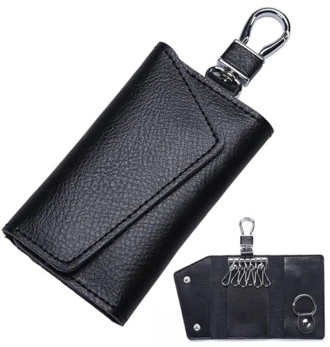 QEXUJOW Estuches de llaves para hombre,Bolso para llaves de coche de piel sintética para hombre y mujer, bolso con gancho de metal y llavero, bolso con llavero a presión (negro)