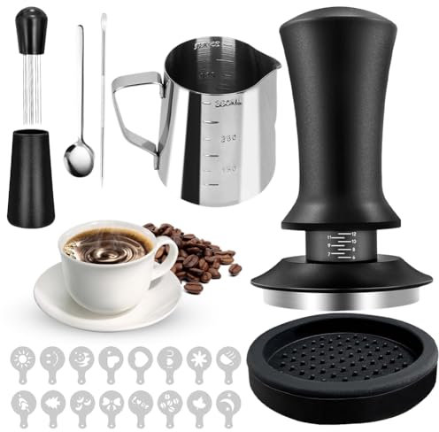 Set di 22 tamper per caffè, distributore di caffè con tamperini da 51 mm, accessori baristi, mescolatori per caffè, cucchiaio, per espresso, brocca per schiumare, penna e stencil decorativi