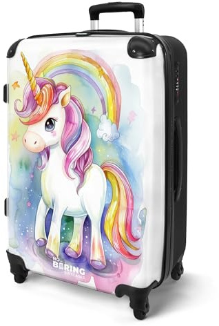 NoBoringSuitcases© Koffer Kinder Groß Reisekoffer Kinderkoffer mit 4 Rollen | 67x43x25 cm - Leicht Trolley Große M Hartschalenkoffer Flugzeug Einhorn - Regenbogen - Bunt