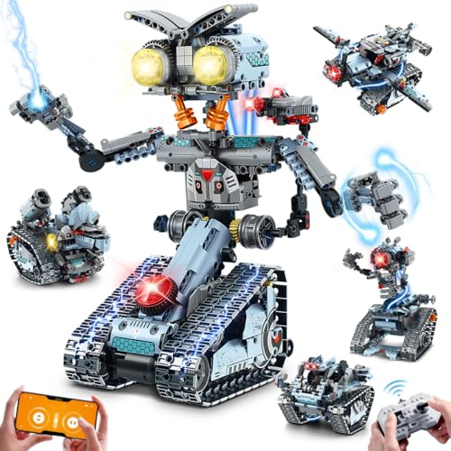 INSOON Robot Building Toy with Lights, 5 in 1 Robotic Building Set with APP & Remote Control, RC Tech Tracked Tank Car Fighter Jet Model Kit 795 PCS, Educational Gift for Kids Boys Girls Ages 8+