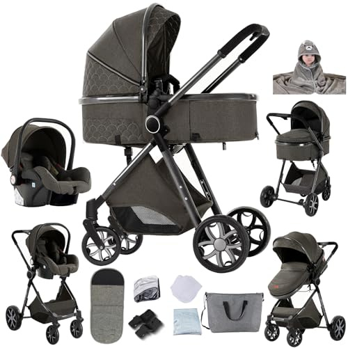 Magic ZC Kinderwagen 3 in 1, Buggy mit Umkehrbarem Zwei-Wege-Schub, Kombikinderwagen Faltbarem Tragbarem One-Click-Design, Kinderwagen 3 in 1 Komplettset mit Zubehör (YV9 Deep Grey)