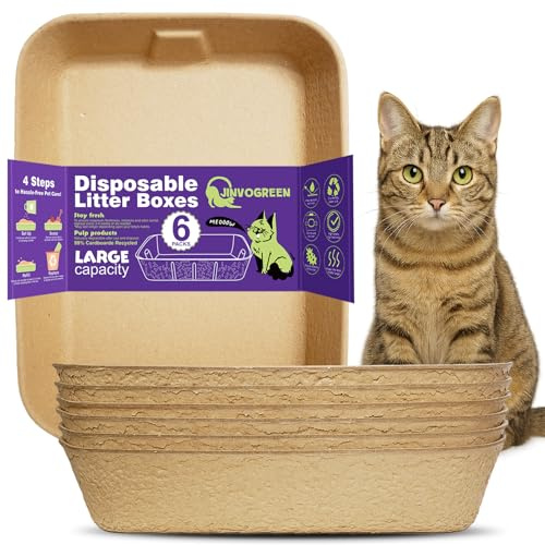 JINVOGREEN Disposable Litter Boxes for Cats, 6 Pack Cat Litter Trays for Travel, Temporary Use, or Liner – Leak-Proof, Eco-Friendly, Easy Clean-Up (16.1 x 12.4 x 3.7)