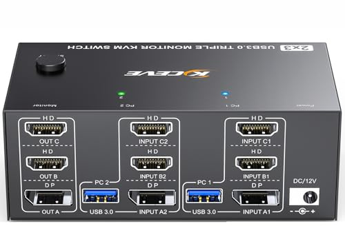 KVM Switch 3 Monitors 2 Computers 8K@60Hz 4K@144Hz, Triple Monitors 2 HDMI + Displayport USB 3.0 KVM Switches with 4 USB 3.0 Ports, Cable Remote Control and 2 USB Cables