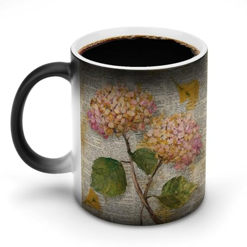 Jubonexis Autumn Hydrangeas on Vintage Newspaper Color Changing Mugs Heat Changing Ceramic Coffee Mug Novelty Funny Tea Water Cup 11OZ