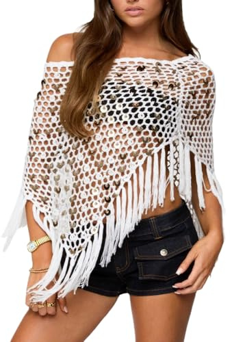 Betrodi Poncho da donna lavorato a maglia all'uncinetto con paillettes monospalla trasparente scava fuori poncho scialle a rete con frangia, Bianco Moda, Etichettalia unica