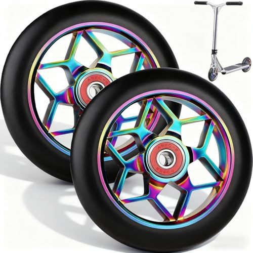 Mockotta 2 Stück Stunt Scooter Rollen 110mm Ersatzräder für Scooter | Stunt ScooterReifen mit ABEC Aluminium Roller Reifen 88A 9 Kugellager Schnell Griffig Langlebig Geeignet für AllerleiScooters