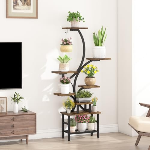 Rebonique Plant Stand Indoor, 8 Tiered Tall Plant Shelf with Hook, 63 Metal Plant Rack for Multiple Plants Display, Corner Flower Stand, Plant Flower Holder for Living Room Balcony Garden Patio