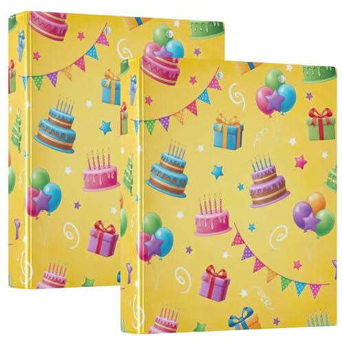 Raccoglitore a tre anelli stampato, 3,8 cm, raccoglitore ad anelli a D con tasche, raccoglitore decorativo per scuola, università o ufficio, graziose torte di compleanno, giallo