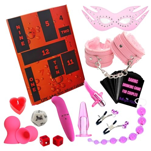 Adult Advent Calendar for Her- 12 Christmas Nights of Naughty Delights Sex Vibrators, Plug Toys, Cuffs, Bondage Card Game, Candles, Dice, Mask by Magicnitz