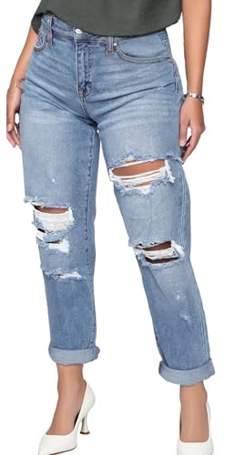 SheKiss Boyfriend Distressed Mom Denim Blue Jeans High Waisted Jeans for Women Trendy Stretchy Jeans