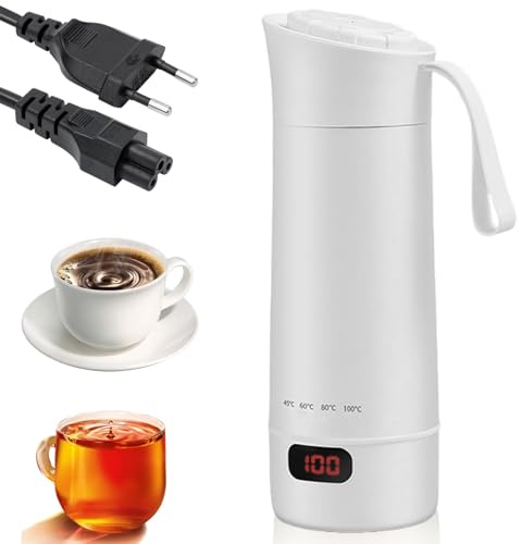 Hervidor eléctrico de viaje: 400 ml Mini taza de agua eléctrica portátil pequeña Kettle eléctrica sin BPA 304 revestimiento de acero inoxidable 4 niveles de temperatura ajustables (blanco)
