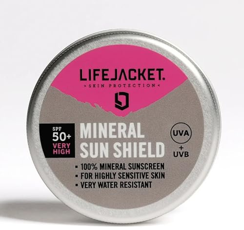 LifeJacket SPF 50+ Mineral Sun Shield | 100% Mineral Sunscreen for Sensitive Skin | Very Water Resistant 80 Minutes | Zinc Oxide & Titanium Dioxide | Kids 6 Months+ | Recyclable Tin 85g