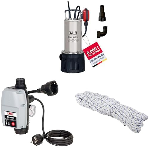T.I.P. Drain 6000/36 Edelstahl Tauchdruckpumpe 950W 6000l/h 34m 3,4bar 10m Kabel Zisterne Garten Haus + BRIO 2000 M Pumpensteuerung automatisch Trockenlaufschutz 1,5–3,5bar + 21m Nylon Ablassseil