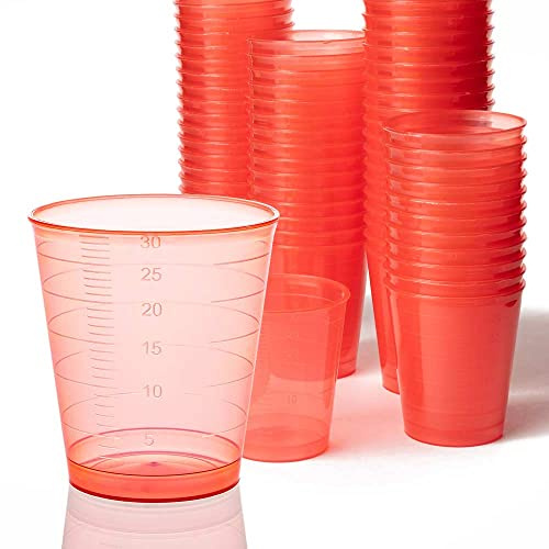 Tuuters Medikamentenbecher 300 Stück 30ml (Rot) Medizinbecher klein farbig | 3cl Volumen für Pflege, Labor, Praxis, Shots, Dosieren, Portionieren, bruchsicher als Schnapsgläser, Made in Germany stabil