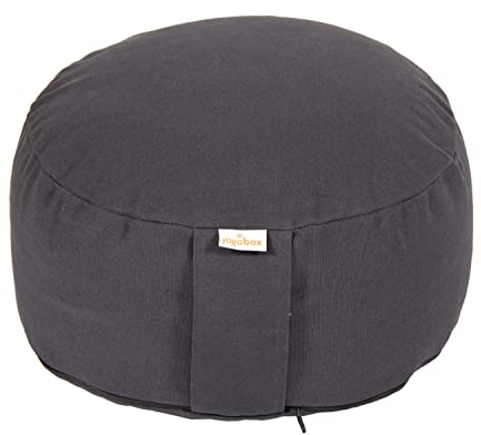 Yogabox Meditationskissen Basic, Abnehmbarer Bezug aus 100% Baumwolle, Höhe 13-18 cm, Praktische Trageschlaufe, Basic Collection, Buchweizenschalen, grau