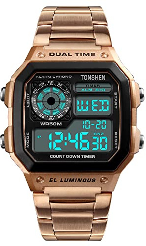 TONSHEN Herren Outdoor Fashion Sport Uhren 50M Wasserdicht Plastik Uhren und Edelstahl Band Militär LED Elektronik Digital Armbanduhr Doppelte Zeit