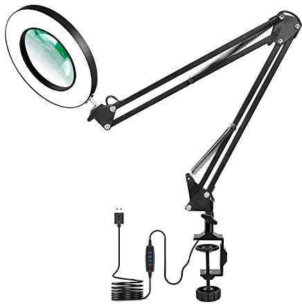 Lampe Loupe - Loupe avec Pince, Dimmable, 3 Modes de Couleur, Lentille en Verre de 105 mm - Lampe à Bras Pivotant Réglable pour la Lecture, Artisanat - Grossissement 5X