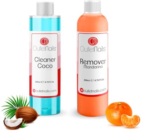 Remover con Olor Mandarina 200ml + Cleaner 200ml Coco Azul | Para esmaltado permanente y uñas de gel | Eliminar la Capa Adhesiva de Outlet Nails