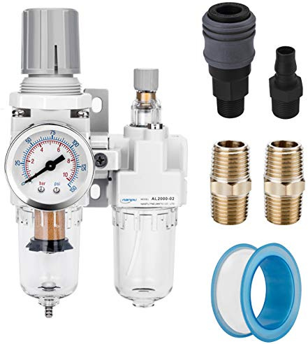 NANPU 1/4 BSP Druckluft Filterregler Schmierstoffgeber Kombi-Wasser-/Ölabscheider - Manometer (0-10 bar), Poly-Schale, Halbautomatisches Ablassen, Halterung
