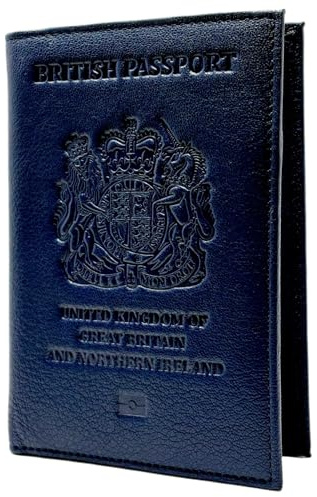 UK Leather Passport Cover – British RFID Blocking Holder, Navy Blue