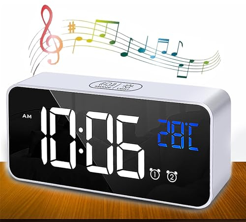 Reloj Despertador Digital, LED Pantalla Reloj Alarma Inteligente con Temperatura, 2 Alarma, Snooze, 4 Brillo Ajustable Función, Volumen Regulable, 13 Tipos de Música, Puerto de Carga USB (blanco)