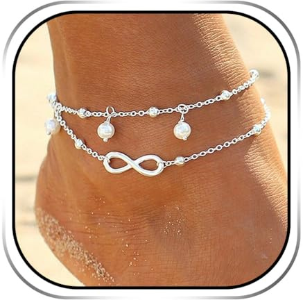Handcess Boho Pearl Doppel Fußkettchen Silber Forever Knöchel Armbänder Strand Perlen Fußketten für Frauen und Mädchen