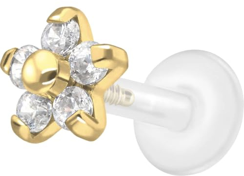 PIERCINGLINE PTFE Labret mit Innengewinde | TITAN AUFSATZ KRISTALLBLUME| Piercing Lippe Nase Ohr Helix | Farb & Größenauswahl
