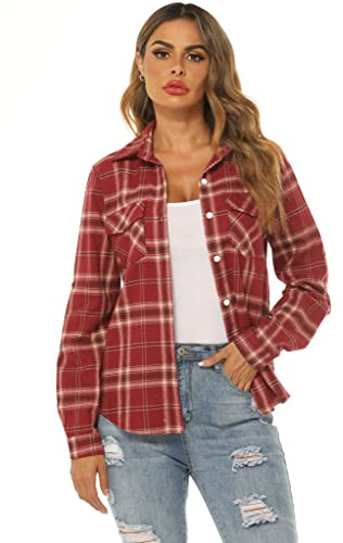 Ietaoo Chemisiers Femme Chemise à Carreaux Coton Manches Longues Flanelle Chemise Blouse Classique Décontractée Shirt pour Automne Hiver Printemps Vin Rouge L