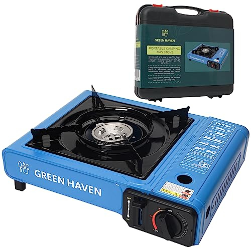GREEN HAVEN Portable Camping Gas Stove with Carry Case – EN417 Compliant Single Burner with Automatic Ignition & Adjustable Heat Control – Ideal for Camping, BBQ, Hiking & Outdoor Cooking