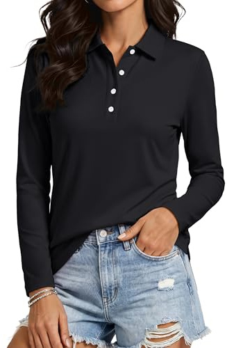 MAGCOMSEN Damen Poloshirt Langarm Polo Shirt Funktionsshirt Golfshirt Top | Golf Shirt Polo,89% Polyester & 11% Elasthan,Leicht & Atmungsaktiv,UV Schutz UPF 50+,4 Knöpfe & Seitenschlitze,Regular Fit