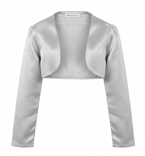 BOLEROSE Girls Satin Long Sleeve Bolero, Silver, 7-8 Years