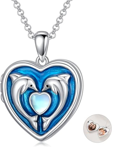 VONALA Collar con medallón de corazón de delfín para mujer, plata de ley 925 en forma de corazón, collar con medallón para fotos que sostiene fotos para hombres y mujeres, Plata esterlina, Piedra de