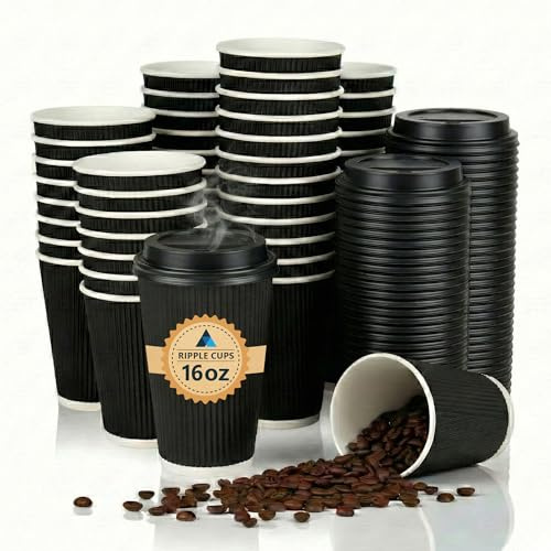 Nationwide Paper Lot de 100 tasses à café avec couvercles, gobelets isothermes en carton ondulé pour boissons chaudes à emporter (473,6 g, noir)