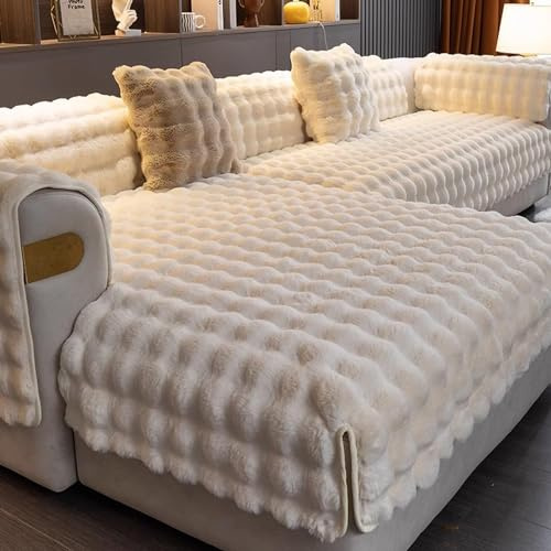 Aocase Sofabezug L Form 1/2/3/4 Sitzer Kaninchen Plüsch Sofa Überzug Ecksofa U Form, Couchbezug Couch Wurfdecke Eckcouch Sofaschutz Sofaüberwurfe Sofaschoner rutschfest Hund Katze,Cremeweiß,110x240cm