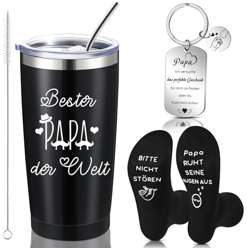 Blulu Bester Papa Geburtstagsgeschenke inklusive 20 Unzen Vatertag Thermobecher Geschenk Anti Rutsch Papa Socken Papa Schlüsselanhänger Vatertag Geschenk Set für Papa Weihnachten Geburtstag
