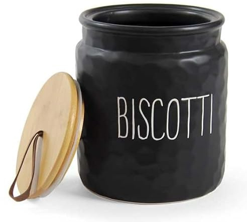 Utilissimi EDITACASA - Biscottiera in ceramica tappo in legno e chiusura ermetica colore nero misure 15 * 18 cm