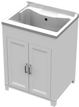 Avilia Lavadero para lavar a mano – Lavabo de doble puerta, con kit de sifones, para uso interior y exterior, de resina, 60 x 50 cm, blanco