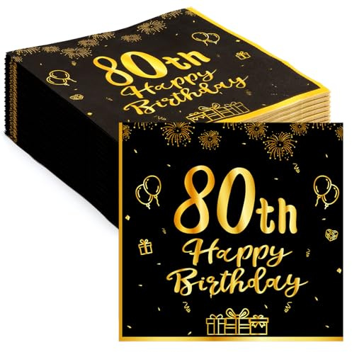 ZOCONE Lot de 60 serviettes jetables noires et dorées pour 80e anniversaire - Décorations de table pour homme et femme - Fournitures de fête d'anniversaire - Décoration de table d'anniversaire