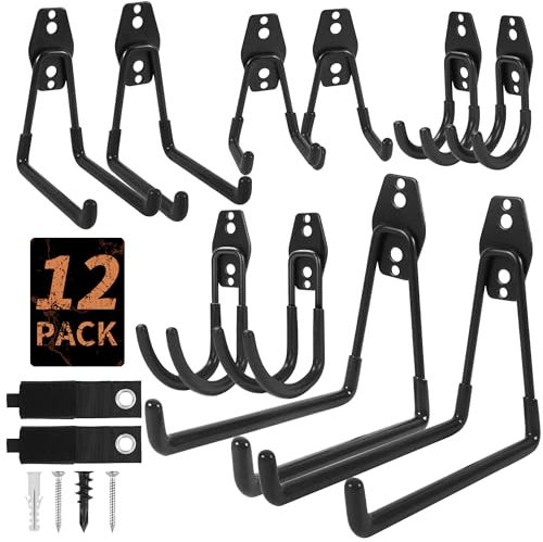 12 Pack Garage Hooks Heavy Duty, Wall-Mount Storage Hooks with Non-Slip Coating, Includes Screws & Anchors + 2 Extension Cord Straps, Shed Hooks for Hanging Bikes, Ladders, Garden Tools, Hoses, Ropes
